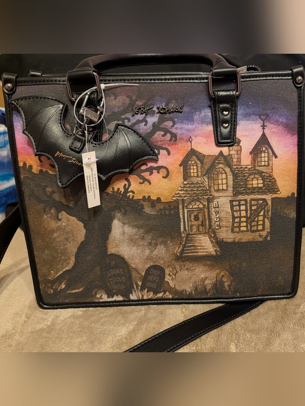 Betsy Johnson Purple Haunted House Tote with Bat Keychain